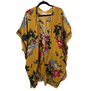 Women's Boho Indie Mustard Yellow Floral Kimono Cardigan Poncho Lightweight OS‎